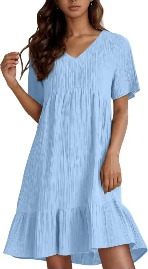 Summer Dresses for Women 2025 Vacation Short Sleeve Crew Neck Mini T Shirt Dress Pleated Ruffle Flowy Beach Sundresses