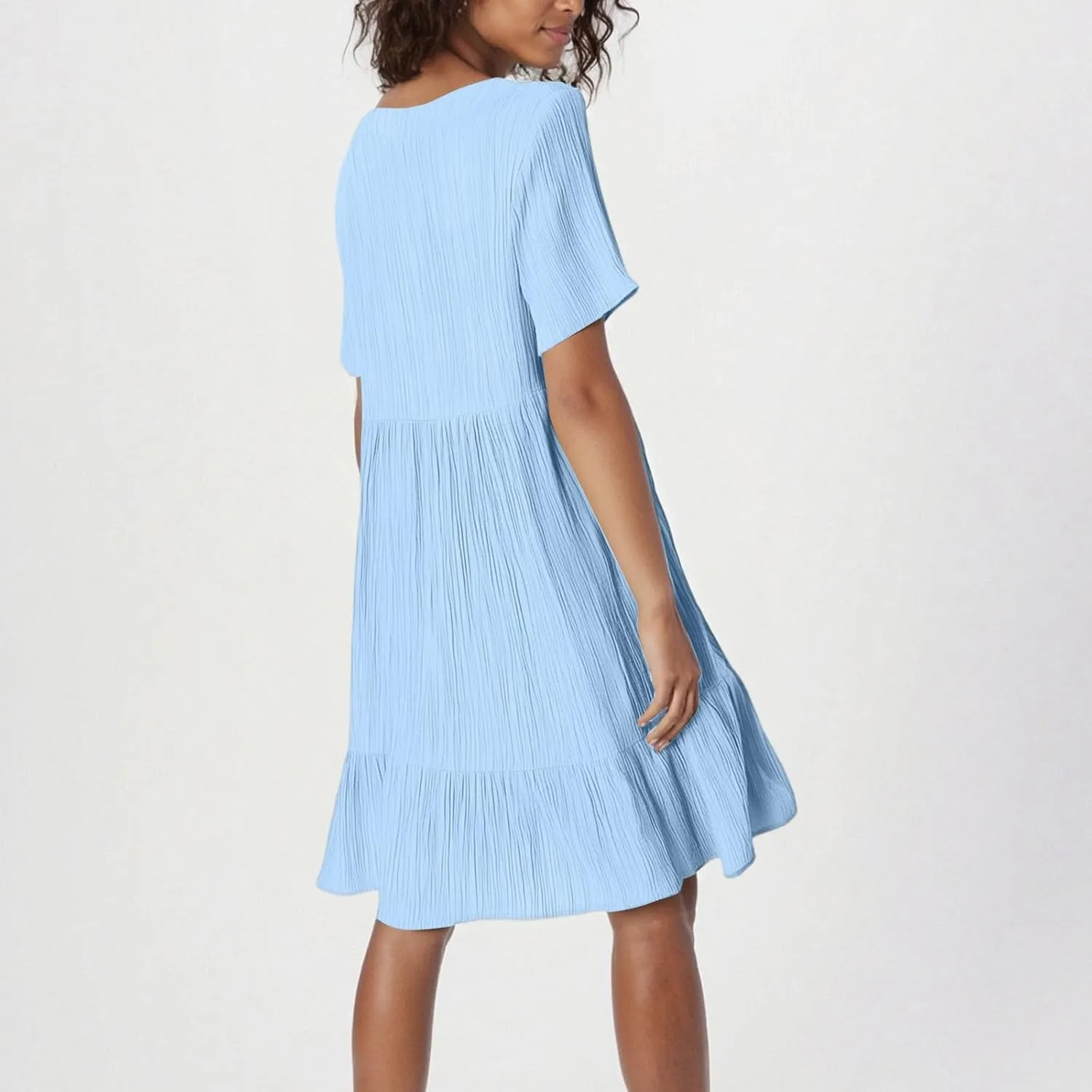 Summer Dresses for Women 2025 Vacation Short Sleeve Crew Neck Mini T Shirt Dress Pleated Ruffle Flowy Beach Sundresses