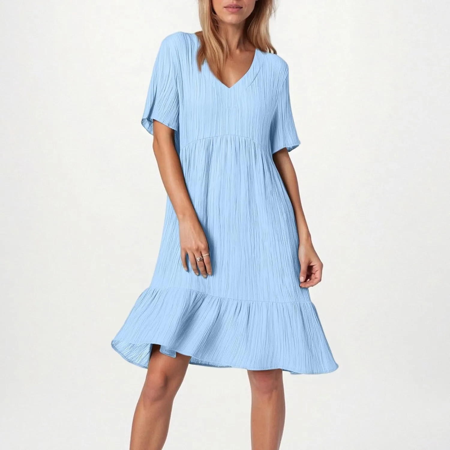 Summer Dresses for Women 2025 Vacation Short Sleeve Crew Neck Mini T Shirt Dress Pleated Ruffle Flowy Beach Sundresses
