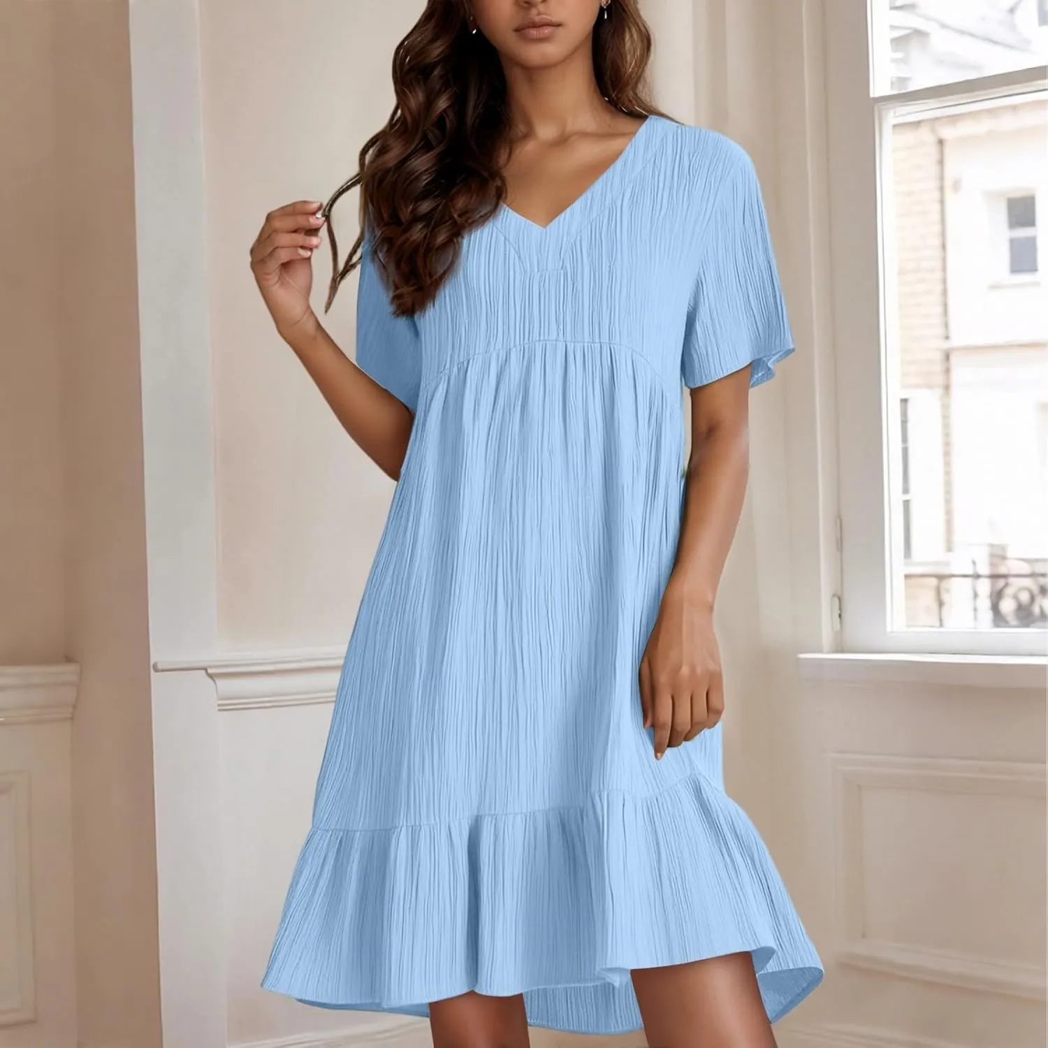 Summer Dresses for Women 2025 Vacation Short Sleeve Crew Neck Mini T Shirt Dress Pleated Ruffle Flowy Beach Sundresses
