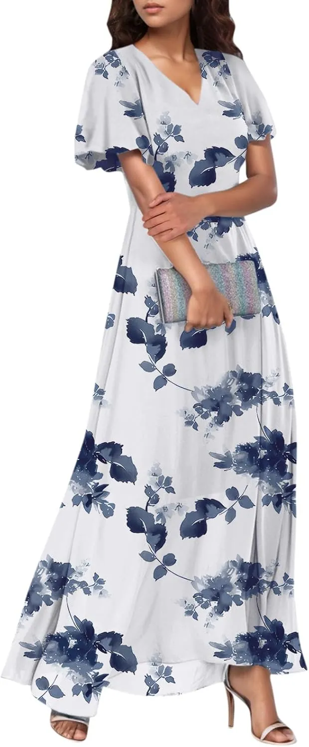 Summer Dresses for Women 2025,Elegant Chiffon Floral Boho Dress Semi Wedding Guest Dresses Floral Church Dress