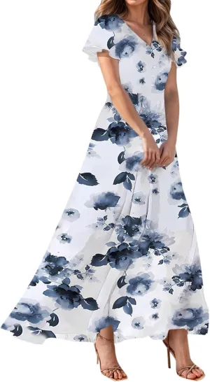 Summer Dresses for Women 2025,Elegant Chiffon Floral Boho Dress Semi Wedding Guest Dresses Floral Church Dress