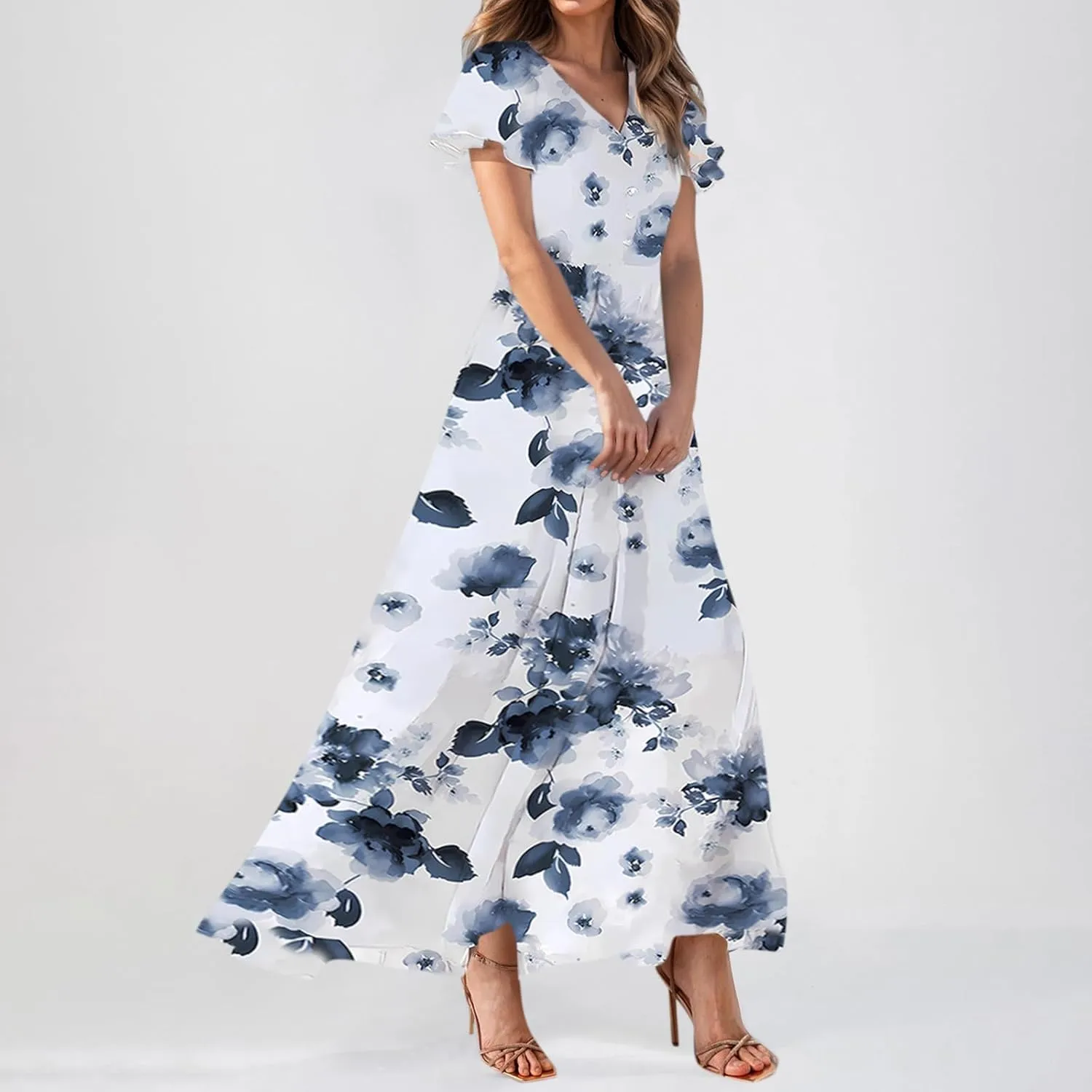 Summer Dresses for Women 2025,Elegant Chiffon Floral Boho Dress Semi Wedding Guest Dresses Floral Church Dress