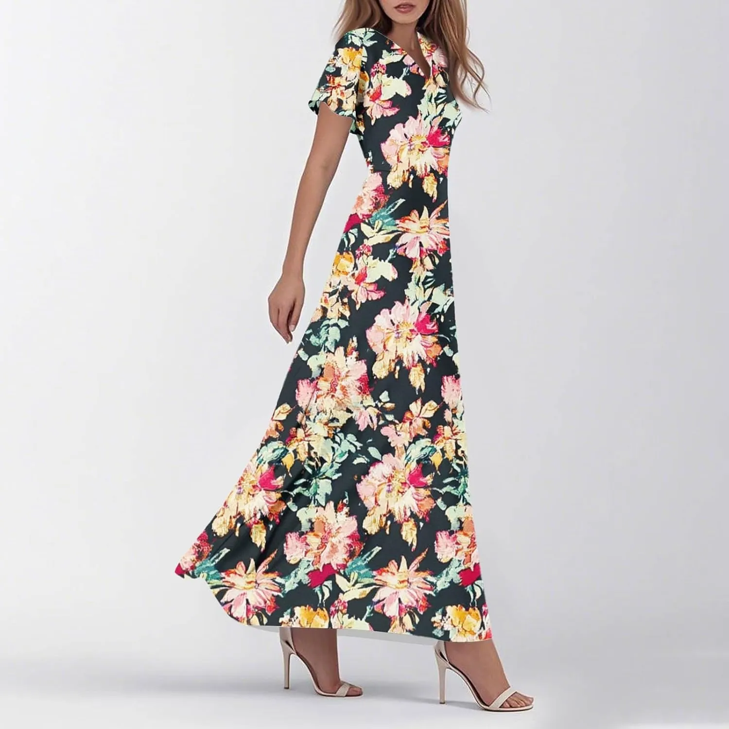 Summer Dresses for Women 2025,Elegant Chiffon Floral Boho Dresses Semi Wedding Guest Dress Vacation Floral Dress