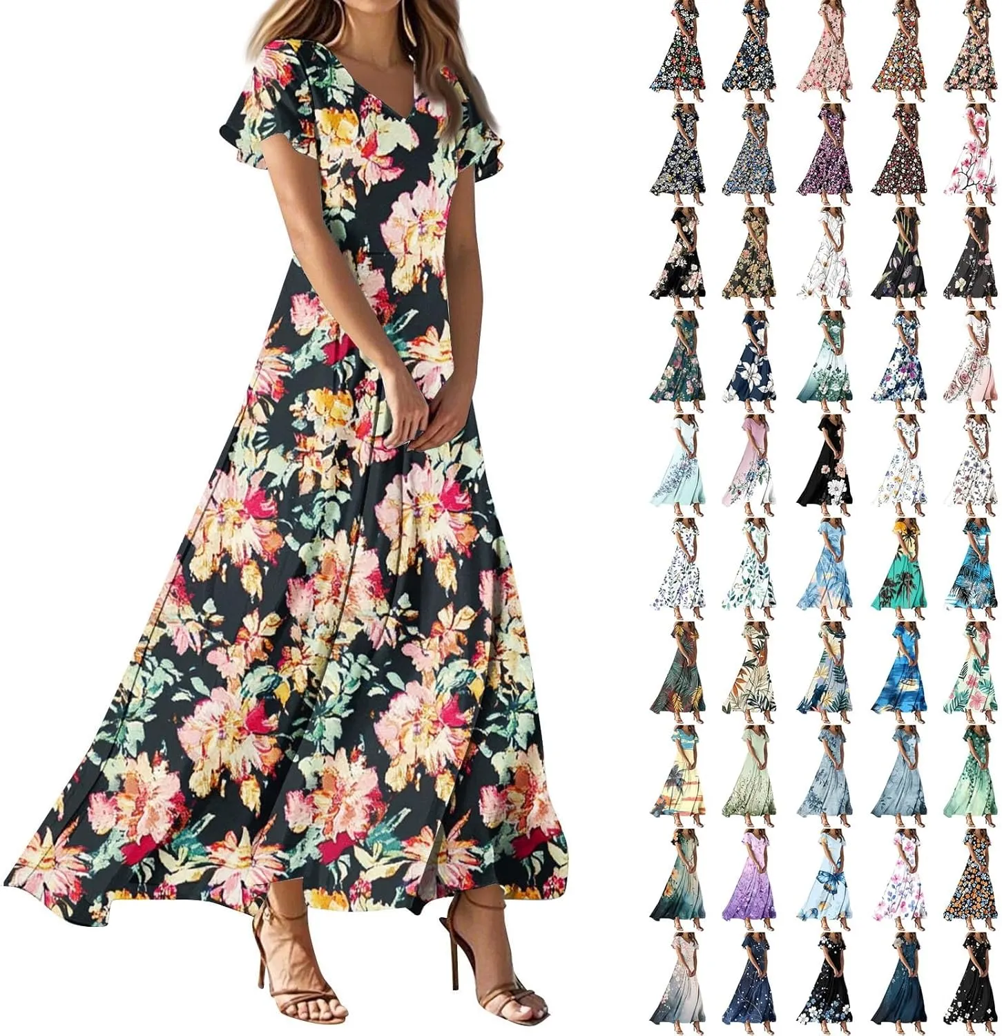 Summer Dresses for Women 2025,Elegant Chiffon Floral Boho Dresses Semi Wedding Guest Dress Vacation Floral Dress