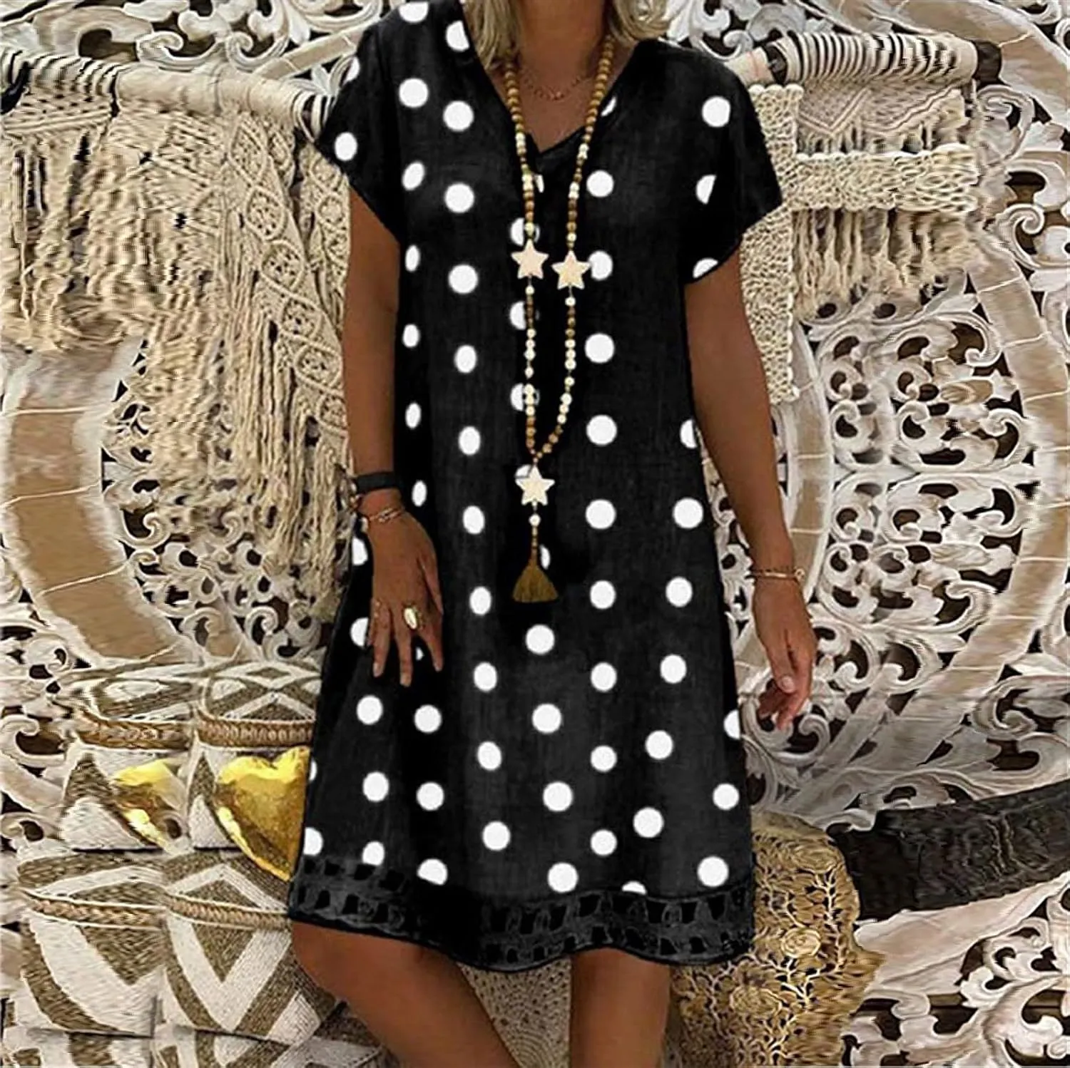 Summer Dresses for Women 2025,Women's Cotton Blend Shirt Dresses Floral Printed Embroidered Short Sleeves V-Neck Dress
