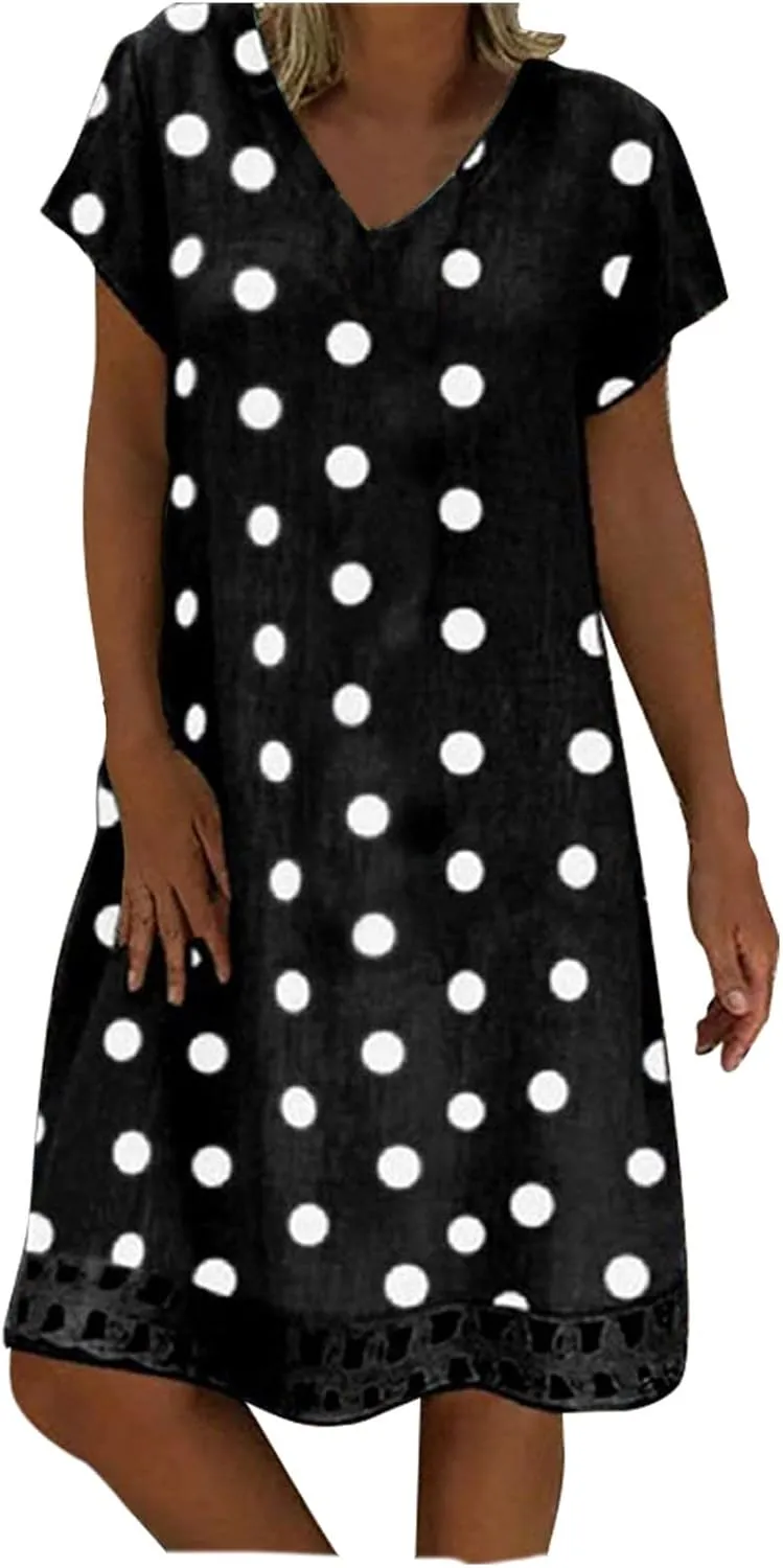 Summer Dresses for Women 2025,Women's Cotton Blend Shirt Dresses Floral Printed Embroidered Short Sleeves V-Neck Dress