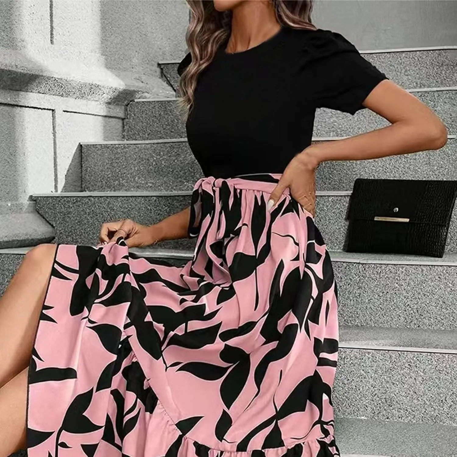 Summer Dresses for Women Casual Elegant Dress with Belt A-Line Floral Printrd Long Dress Flowy High Waist Maxi Dress