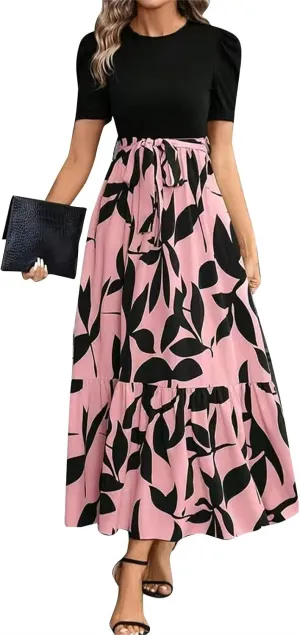 Summer Dresses for Women Casual Elegant Dress with Belt A-Line Floral Printrd Long Dress Flowy High Waist Maxi Dress