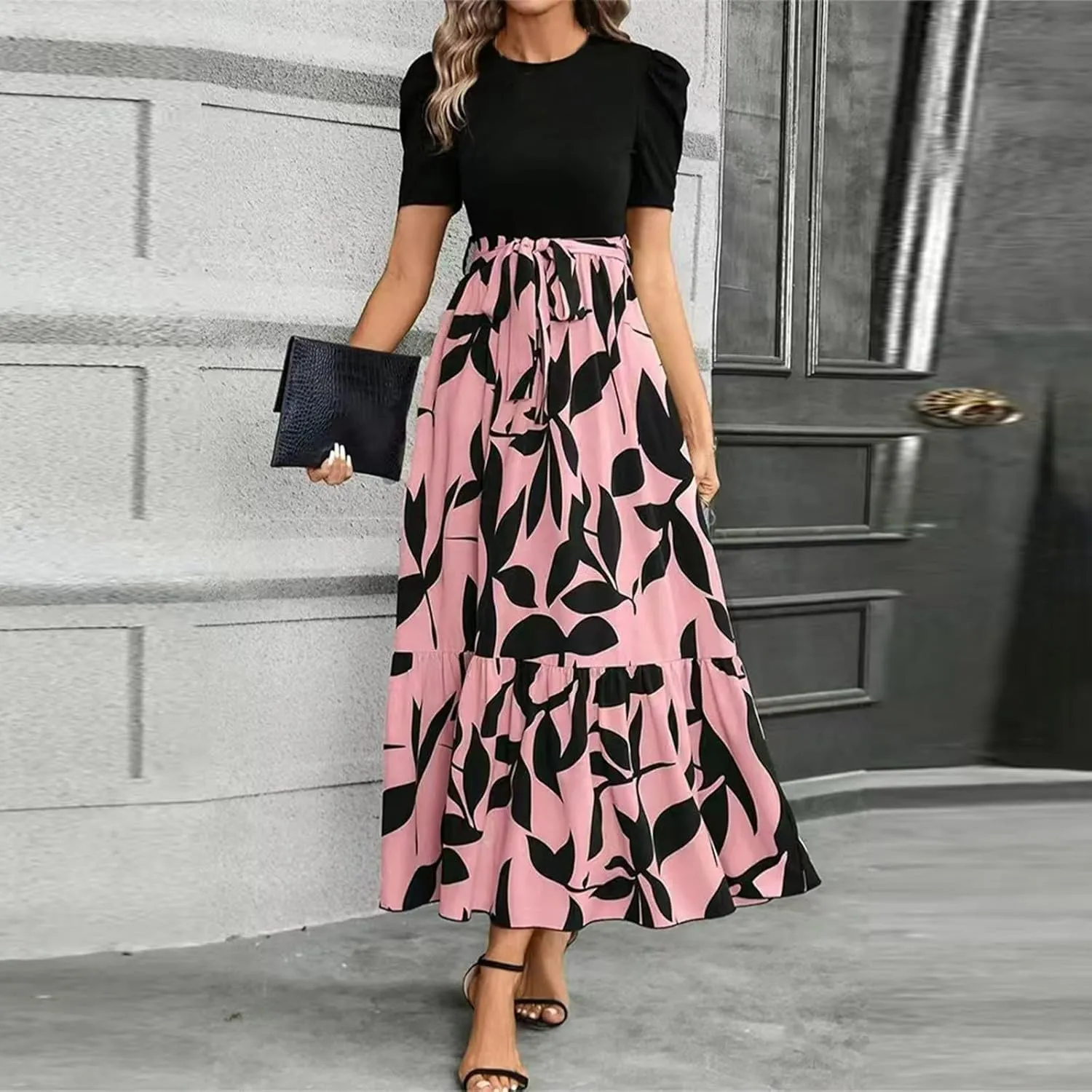 Summer Dresses for Women Casual Elegant Dress with Belt A-Line Floral Printrd Long Dress Flowy High Waist Maxi Dress