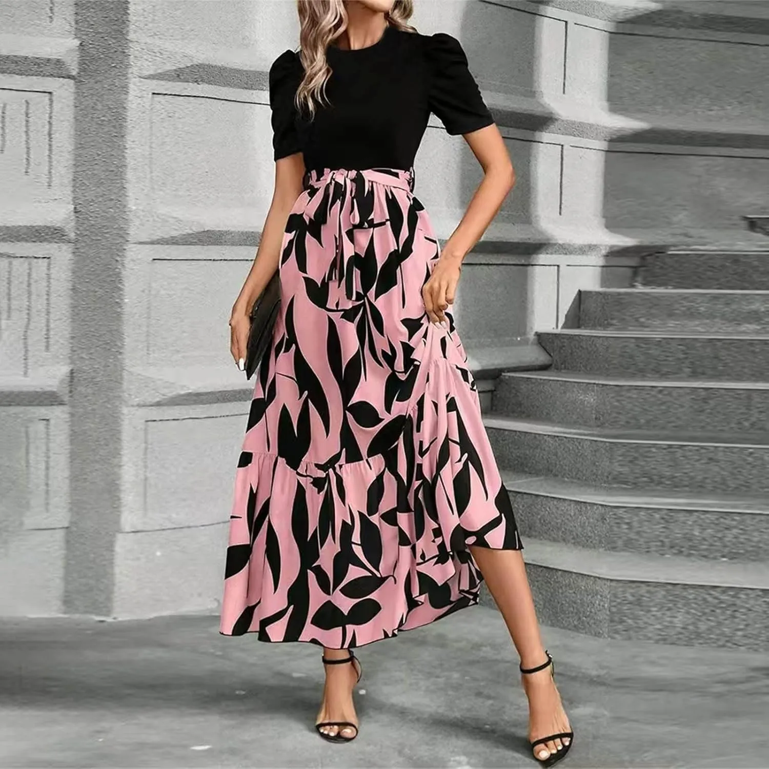 Summer Dresses for Women Casual Elegant Dress with Belt A-Line Floral Printrd Long Dress Flowy High Waist Maxi Dress