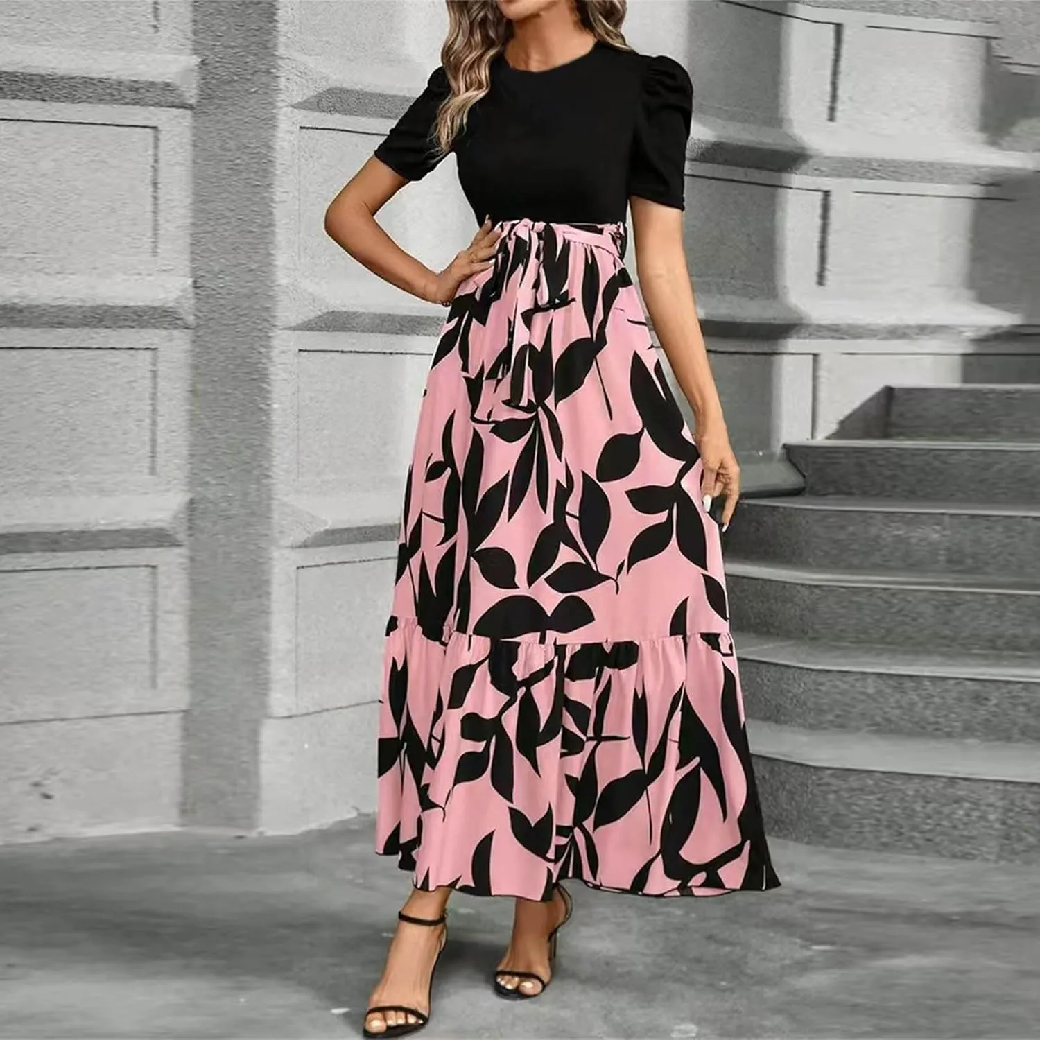 Summer Dresses for Women Casual Elegant Dress with Belt A-Line Floral Printrd Long Dress Flowy High Waist Maxi Dress