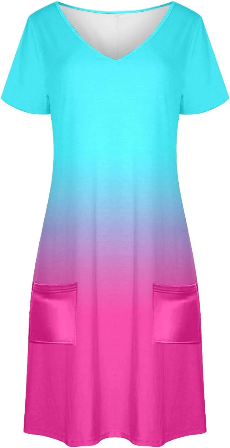 Summer Dresses for Women Casual Spring Short Dress V Neck Gradient Color Loose Shift Dress