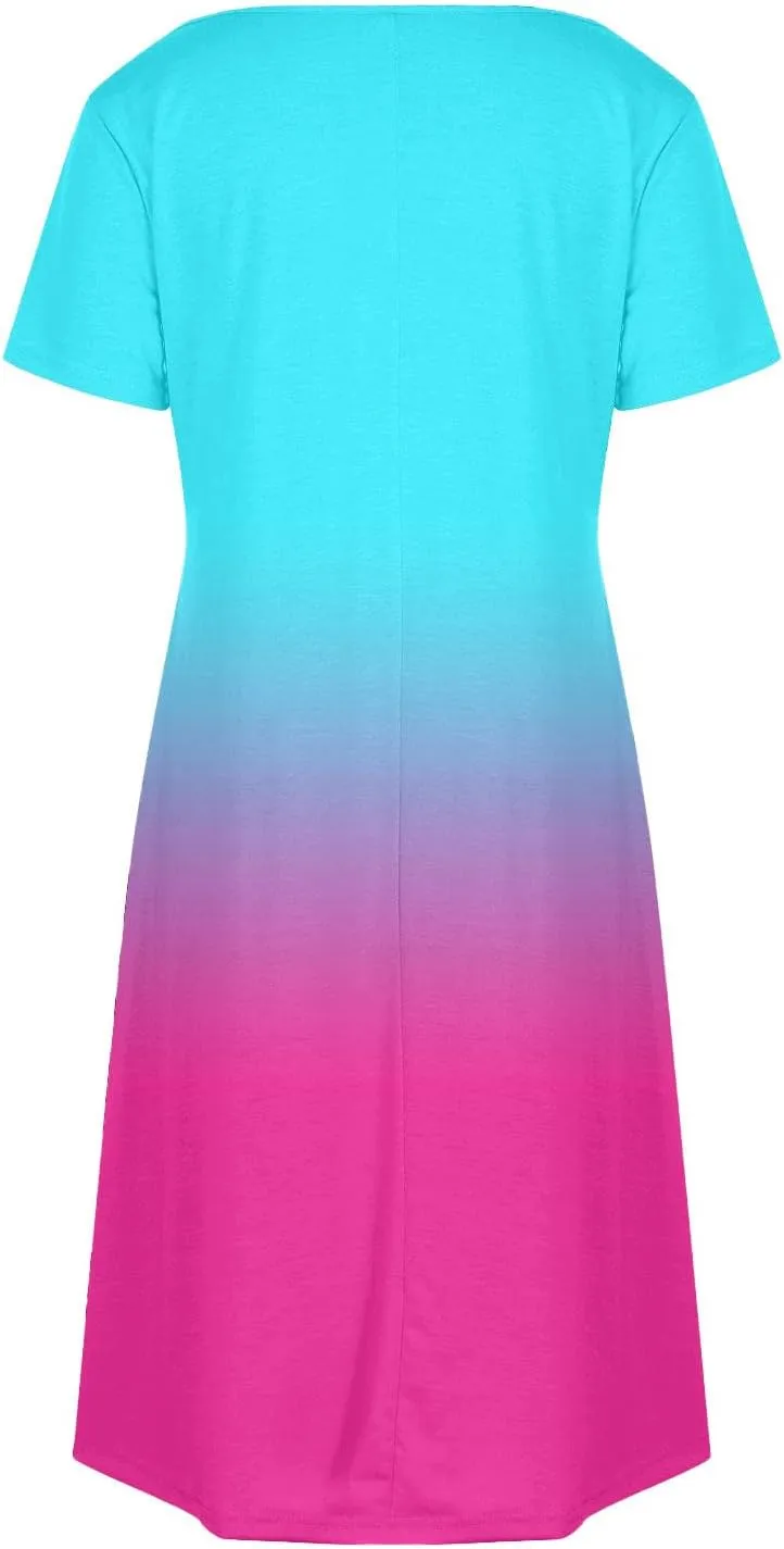 Summer Dresses for Women Casual Spring Short Dress V Neck Gradient Color Loose Shift Dress