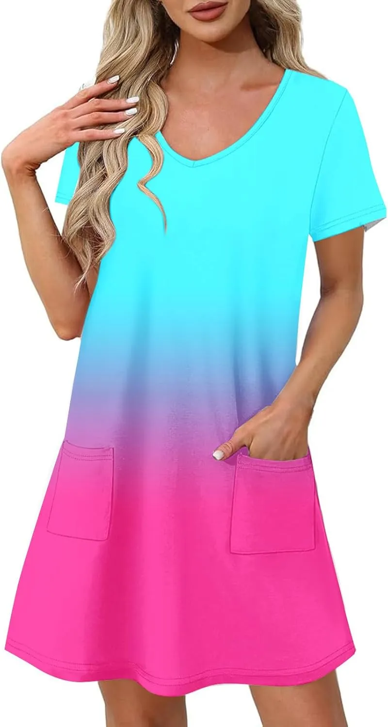 Summer Dresses for Women Casual Spring Short Dress V Neck Gradient Color Loose Shift Dress