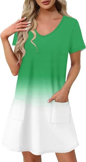 Summer Dresses for Women Casual Spring Short Dress V Neck Gradient Color Loose Shift Dress