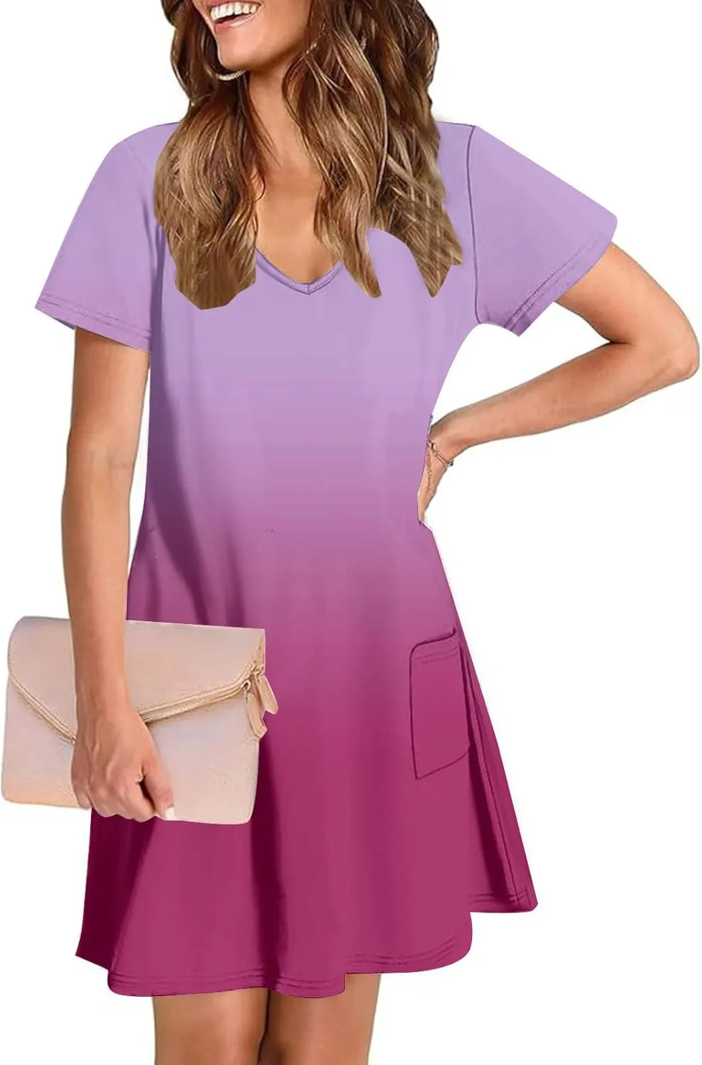 Summer Dresses for Women Casual Spring Short Dress V Neck Gradient Color Loose Shift Dress