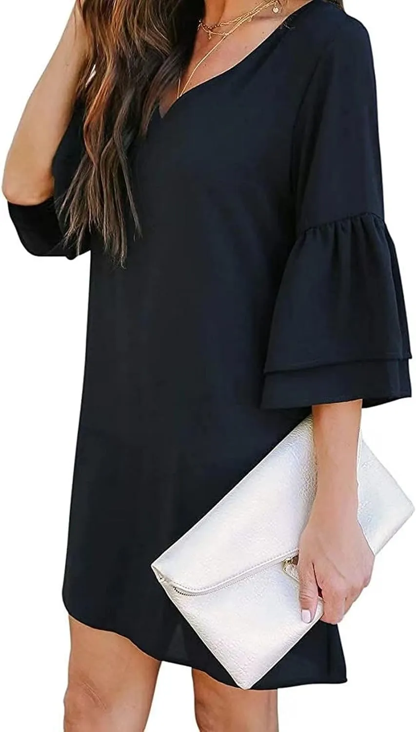 Summer Dresses for Women Casual V Neck Ruffle 3/4 Sleeve Mini Dress Elegant Baggy Solid Color Beach Shift Sundress