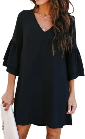 Summer Dresses for Women Casual V Neck Ruffle 3/4 Sleeve Mini Dress Elegant Baggy Solid Color Beach Shift Sundress