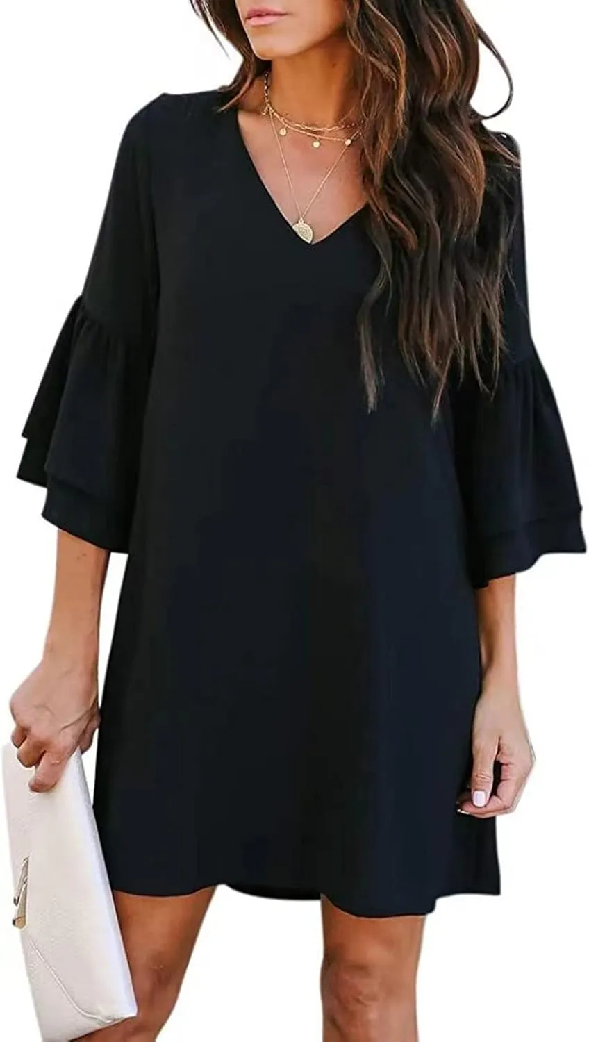 Summer Dresses for Women Casual V Neck Ruffle 3/4 Sleeve Mini Dress Elegant Baggy Solid Color Beach Shift Sundress