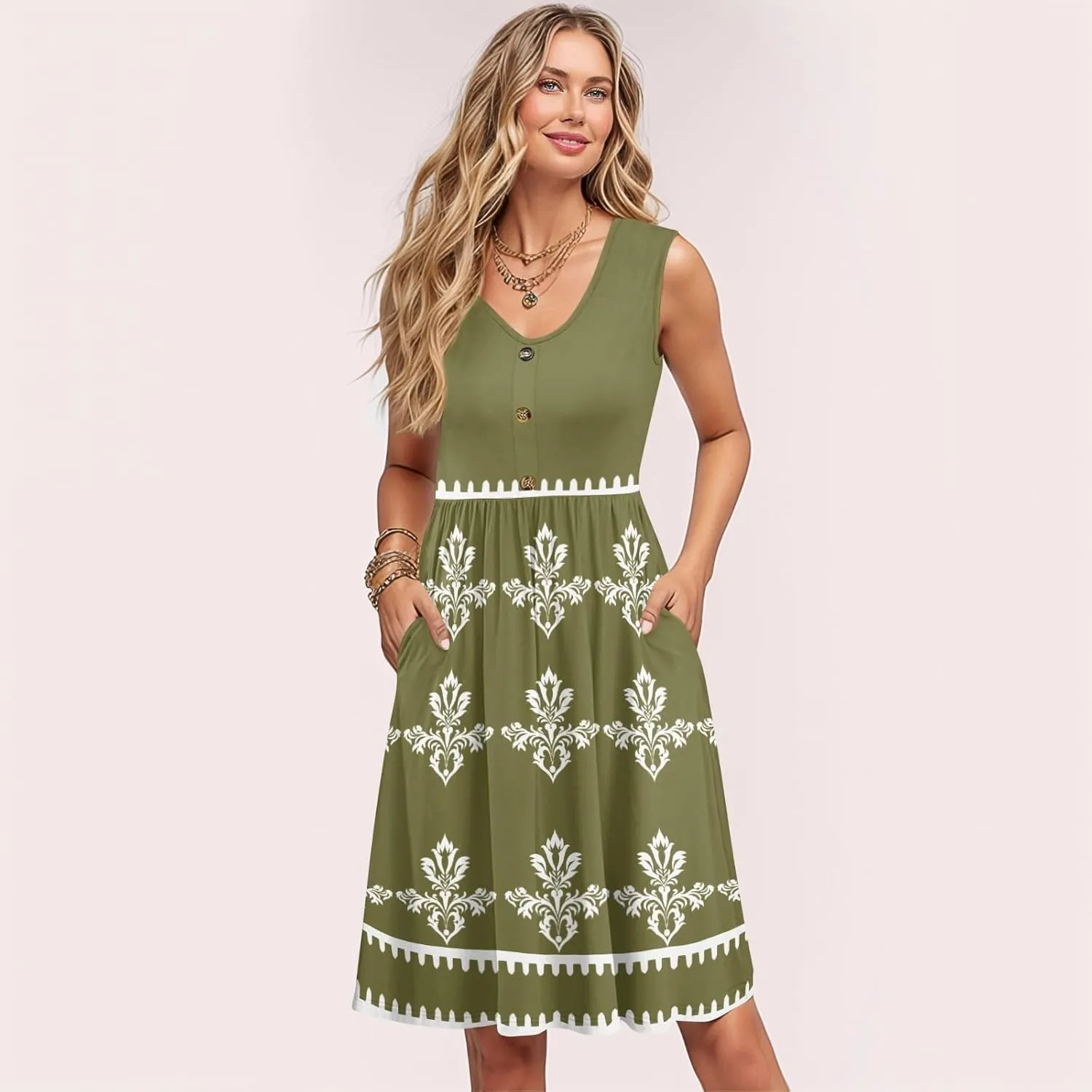 Summer Dresses for Women Elegant Sleeveless Crewneck Patchwork A-line Button Down Ruffled Midi Dresses