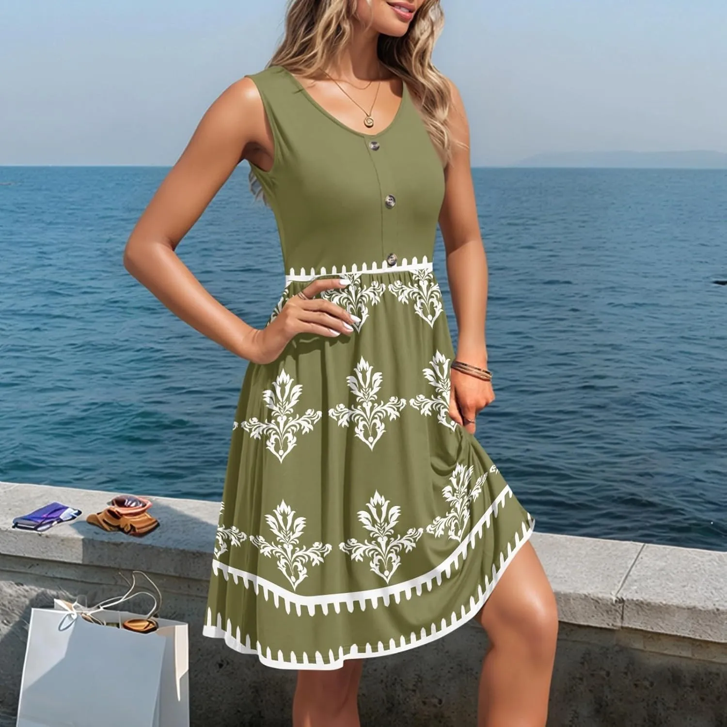 Summer Dresses for Women Elegant Sleeveless Crewneck Patchwork A-line Button Down Ruffled Midi Dresses