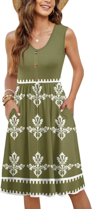 Summer Dresses for Women Elegant Sleeveless Crewneck Patchwork A-line Button Down Ruffled Midi Dresses