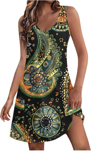 Summer Dresses for Women Sleeveless Boho Print Mini Dress Casual V Neck Beach Vacation Outfits Trendy
