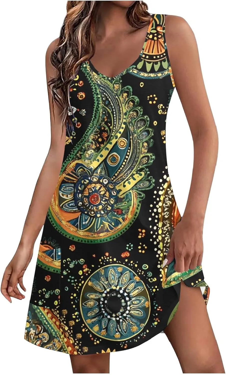 Summer Dresses for Women Sleeveless Boho Print Mini Dress Casual V Neck Beach Vacation Outfits Trendy