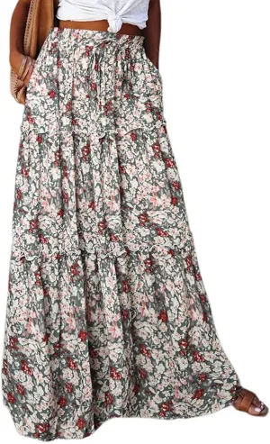 Summer Maxi Dresses for Women 2025 Drawstring High Waisted A Line Skirt Loose Tiered Smocked Skirts Long with Pockets