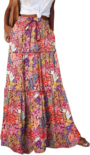Summer Maxi Dresses for Women 2025 Drawstring High Waisted A Line Skirt Loose Tiered Smocked Skirts Long with Pockets