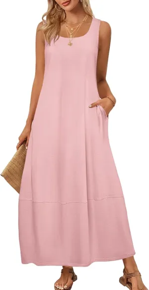Summer Maxi Dresses for Women Sleeveless Crewneck Loose Tank Dress A Line Beach Flowy Vacation Sundress