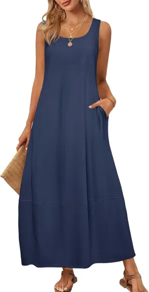 Summer Maxi Dresses for Women Sleeveless Crewneck Loose Tank Dress A Line Beach Flowy Vacation Sundress