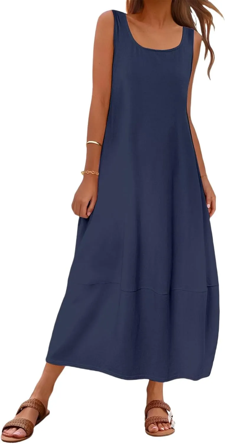 Summer Maxi Dresses for Women Sleeveless Crewneck Loose Tank Dress A Line Beach Flowy Vacation Sundress
