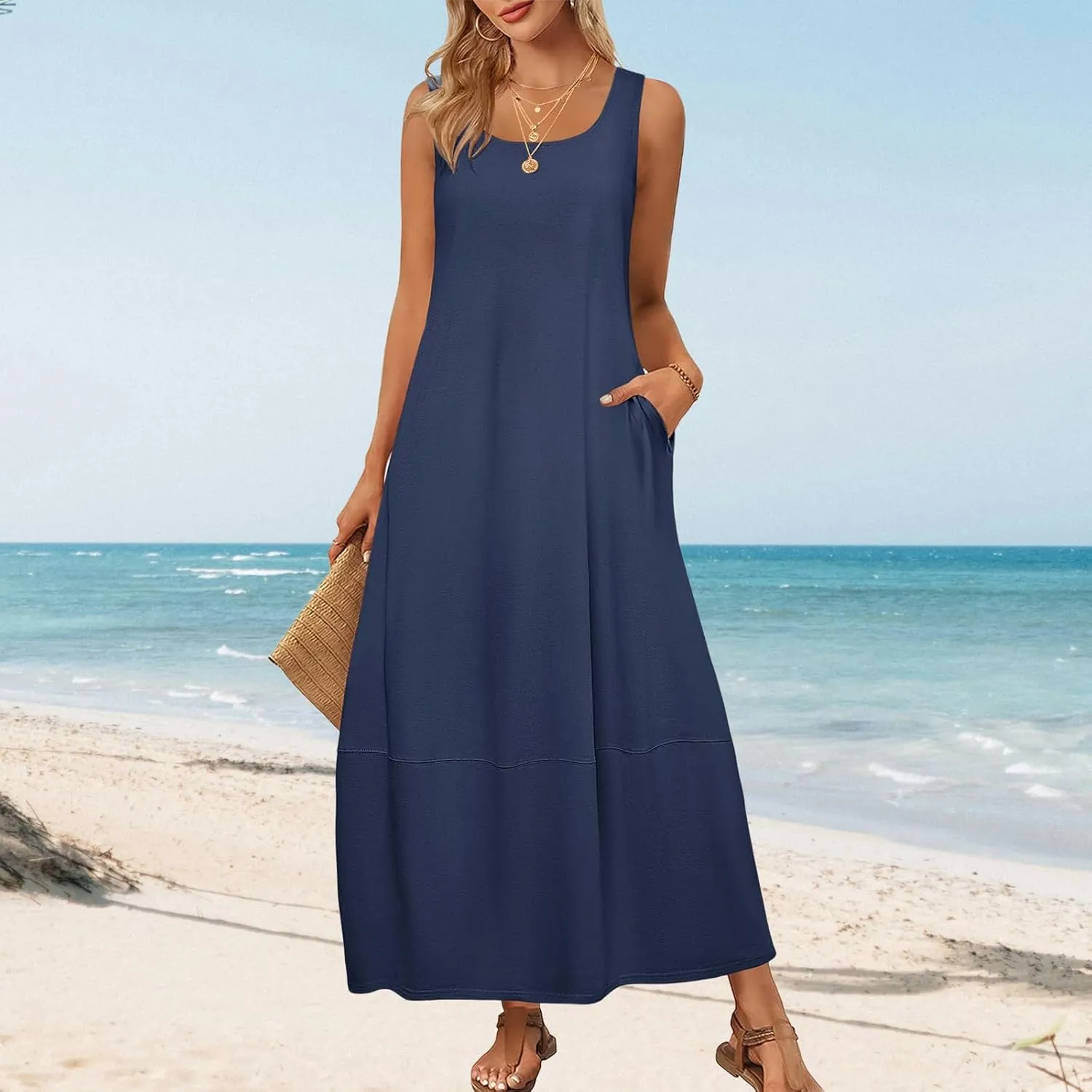 Summer Maxi Dresses for Women Sleeveless Crewneck Loose Tank Dress A Line Beach Flowy Vacation Sundress