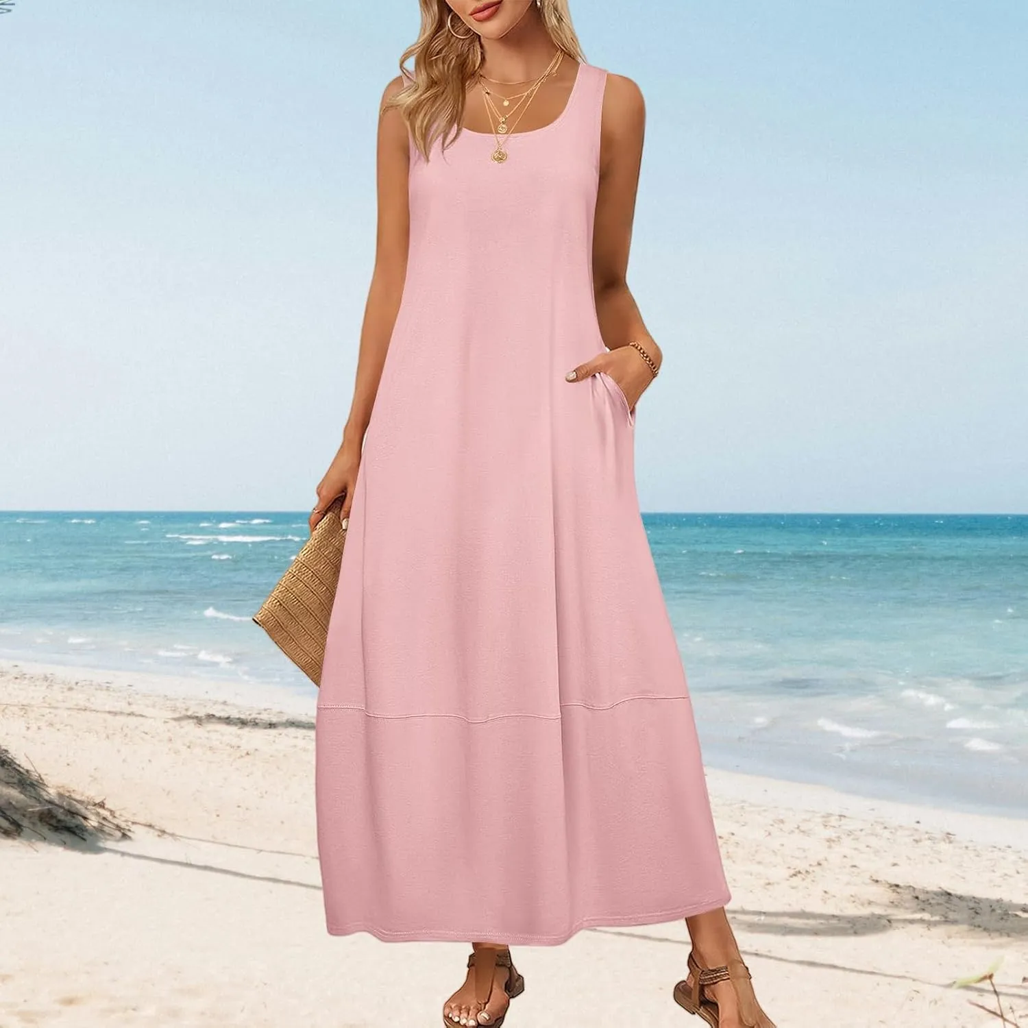 Summer Maxi Dresses for Women Sleeveless Crewneck Loose Tank Dress A Line Beach Flowy Vacation Sundress