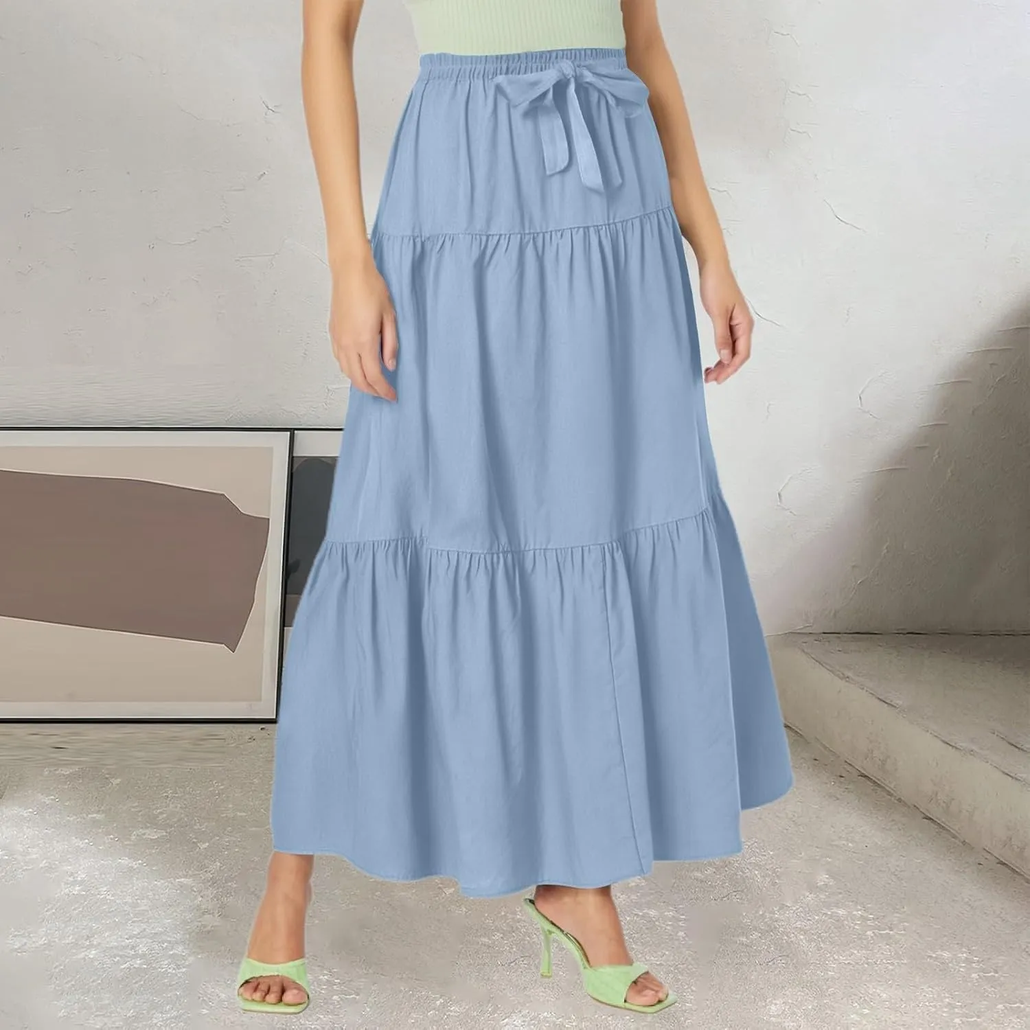 Summer Maxi Skirts for Women 2025 Tiered A Line Pleated Drawstring Long Skirt Boho Flowy Casual Vacation Skirts