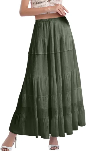 Summer Maxi Skirts for Women A Line Pleated Chiffon Long Skirts Flowy Tiered Elastic Waist Casual Trendy Skirt