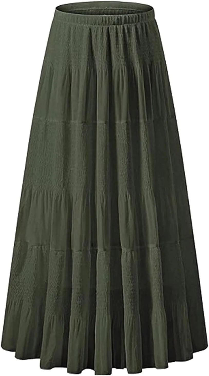 Summer Maxi Skirts for Women A Line Pleated Chiffon Long Skirts Flowy Tiered Elastic Waist Casual Trendy Skirt