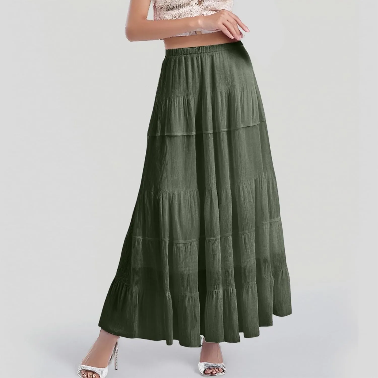 Summer Maxi Skirts for Women A Line Pleated Chiffon Long Skirts Flowy Tiered Elastic Waist Casual Trendy Skirt