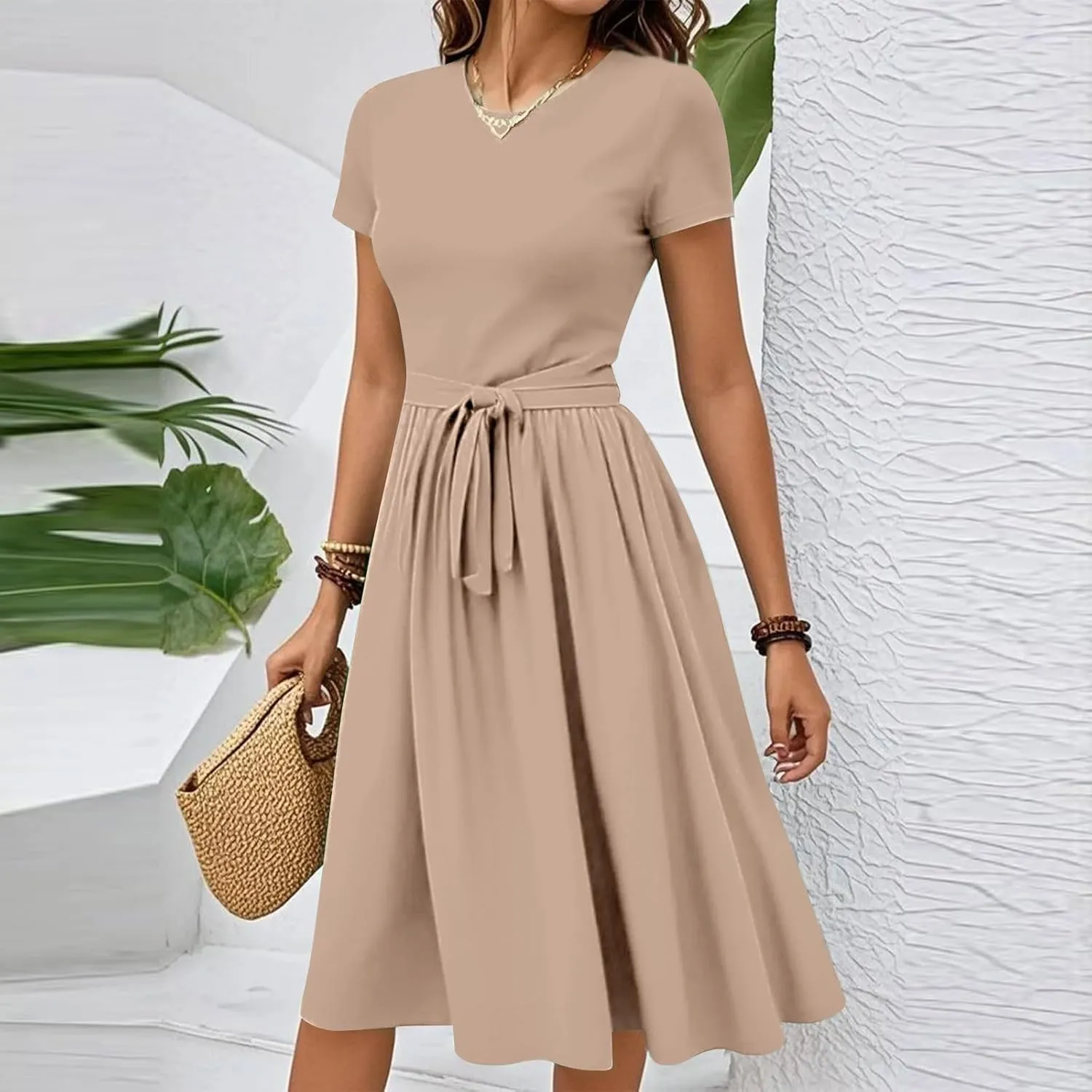 Summer Midi Dresses for Women 2025 Solid Short Sleeve Crew Neck Ruffle Dress Trendy Party Swing Casual Dresses with Belt
