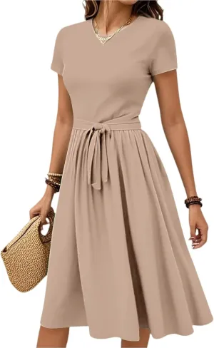 Summer Midi Dresses for Women 2025 Solid Short Sleeve Crew Neck Ruffle Dress Trendy Party Swing Casual Dresses with Belt