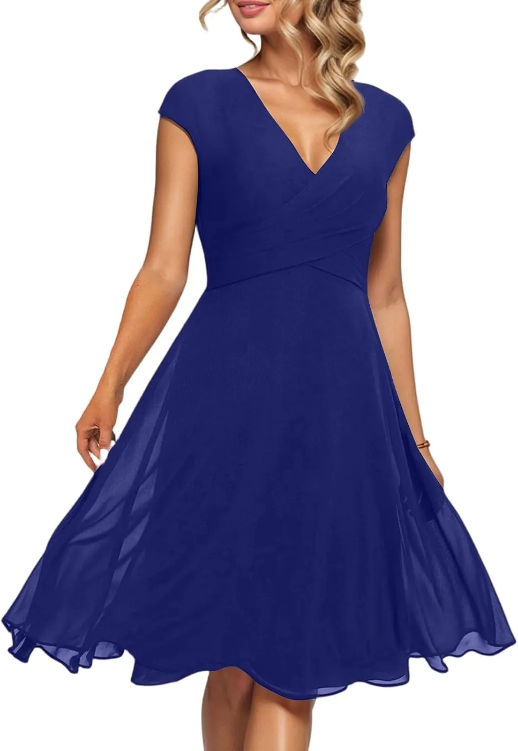 Summer Midi Dresses for Women Chiffon Bridesmaid Dresses Fit and Flare Dress V Neck Cap Sleeve Tie Empire Waist Frocks