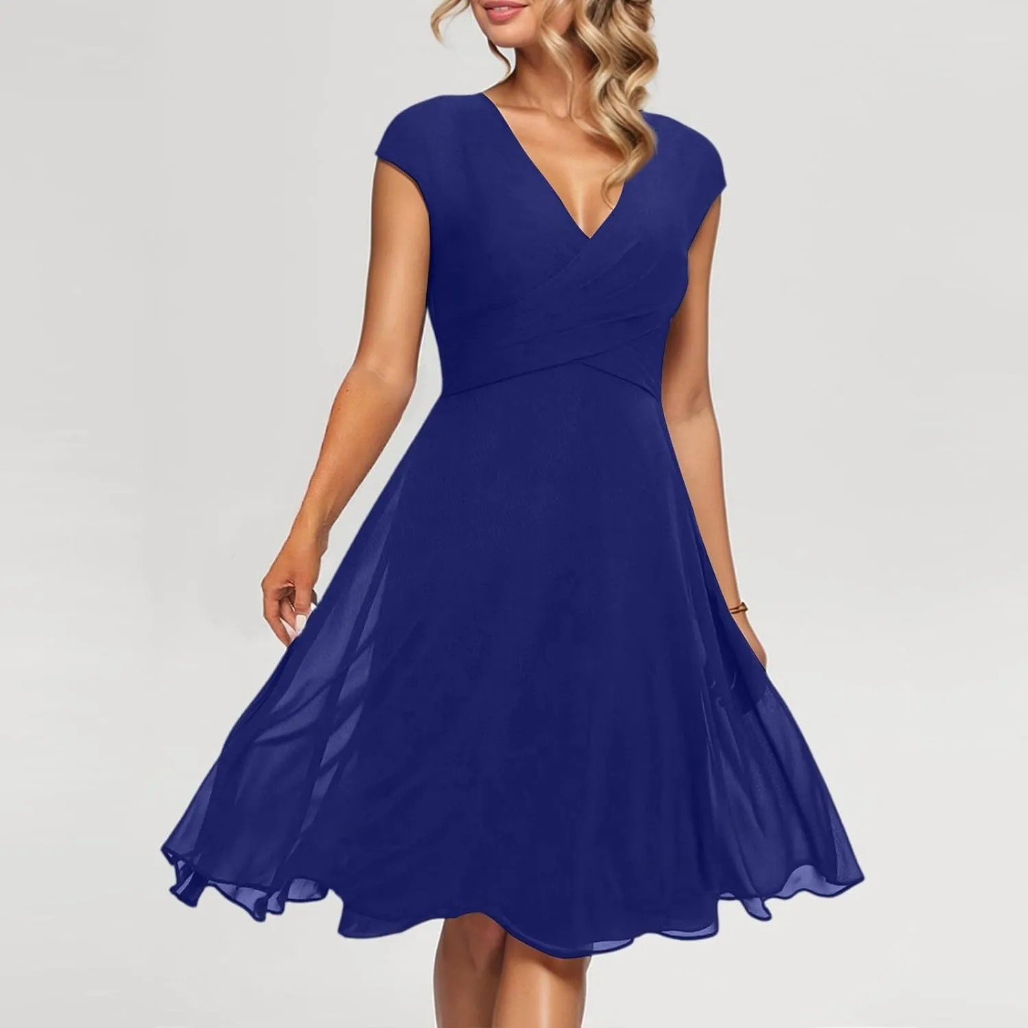 Summer Midi Dresses for Women Chiffon Bridesmaid Dresses Fit and Flare Dress V Neck Cap Sleeve Tie Empire Waist Frocks