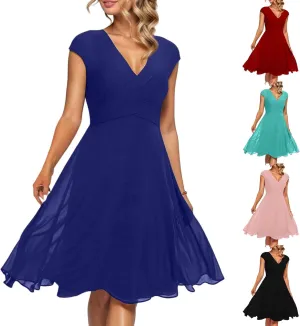 Summer Midi Dresses for Women Chiffon Bridesmaid Dresses Fit and Flare Dress V Neck Cap Sleeve Tie Empire Waist Frocks