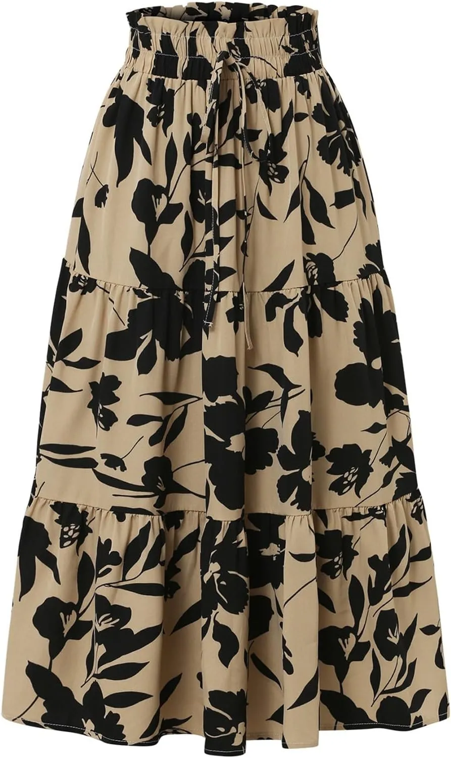 Summer Midi Skirts for Women High Elastic Waist Tie Front Floral Print Boho Beach Flowy Frilly Tiered Ruffle Skirt