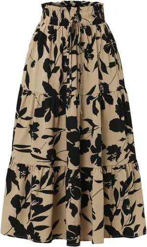Summer Midi Skirts for Women High Elastic Waist Tie Front Floral Print Boho Beach Flowy Frilly Tiered Ruffle Skirt
