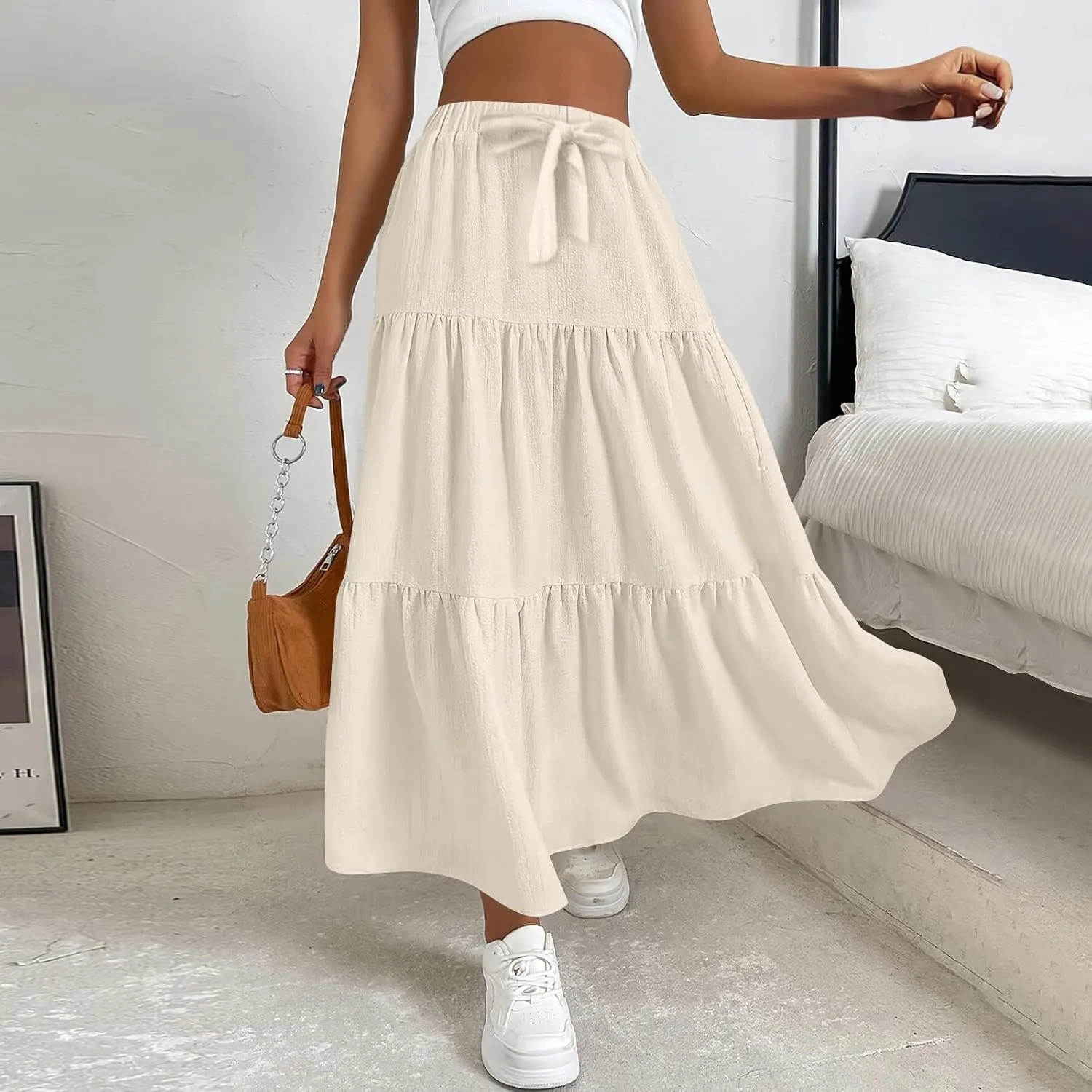 Summer Skirt for Women 2025 Maxi Skirt Drawstring Elastic High Waisted Smocked Tiered Aline Skirts Flowy Long Skirts