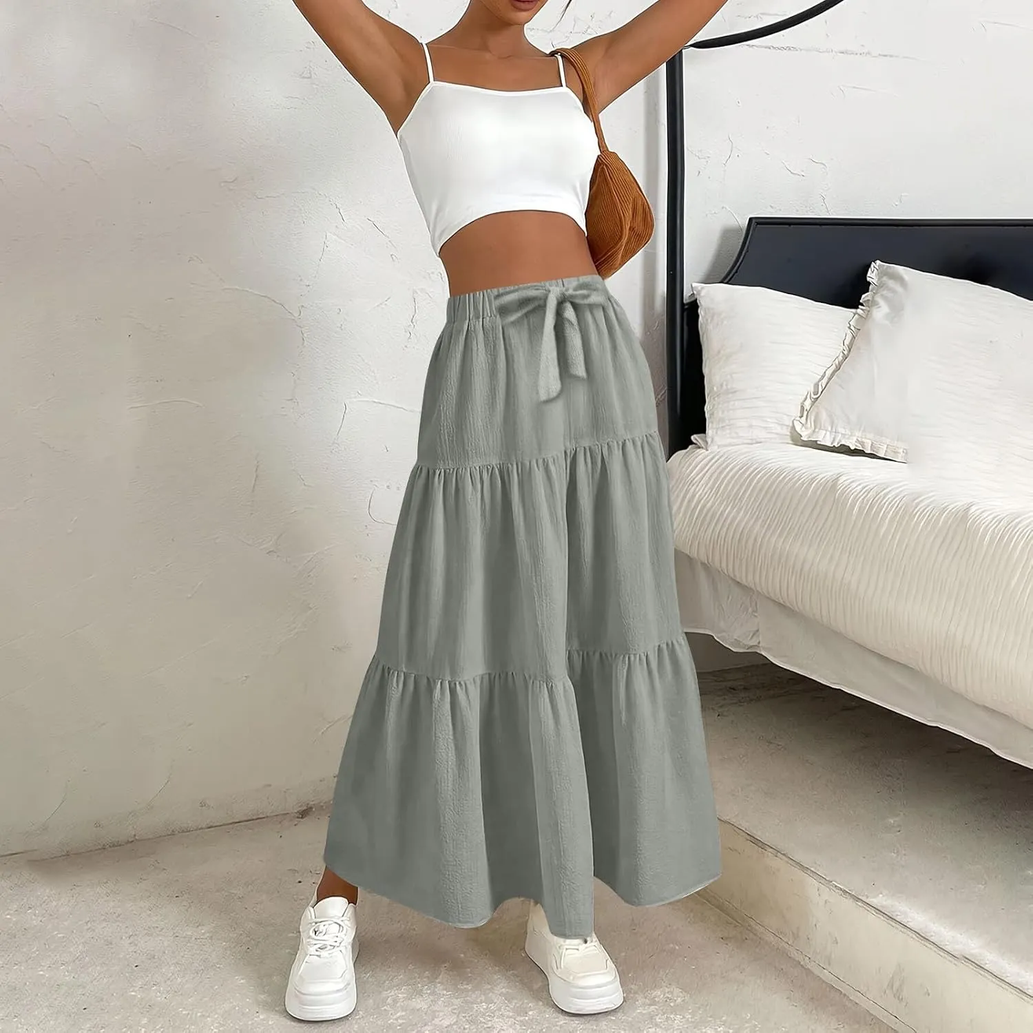 Summer Skirt for Women 2025 Maxi Skirt Drawstring Elastic High Waisted Smocked Tiered Aline Skirts Flowy Long Skirts