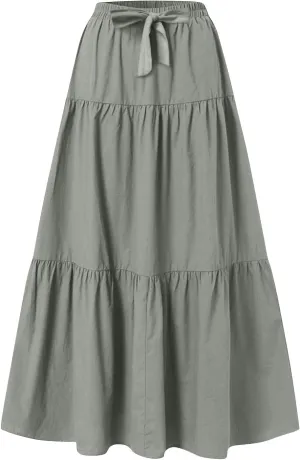 Summer Skirt for Women 2025 Maxi Skirt Drawstring Elastic High Waisted Smocked Tiered Aline Skirts Flowy Long Skirts